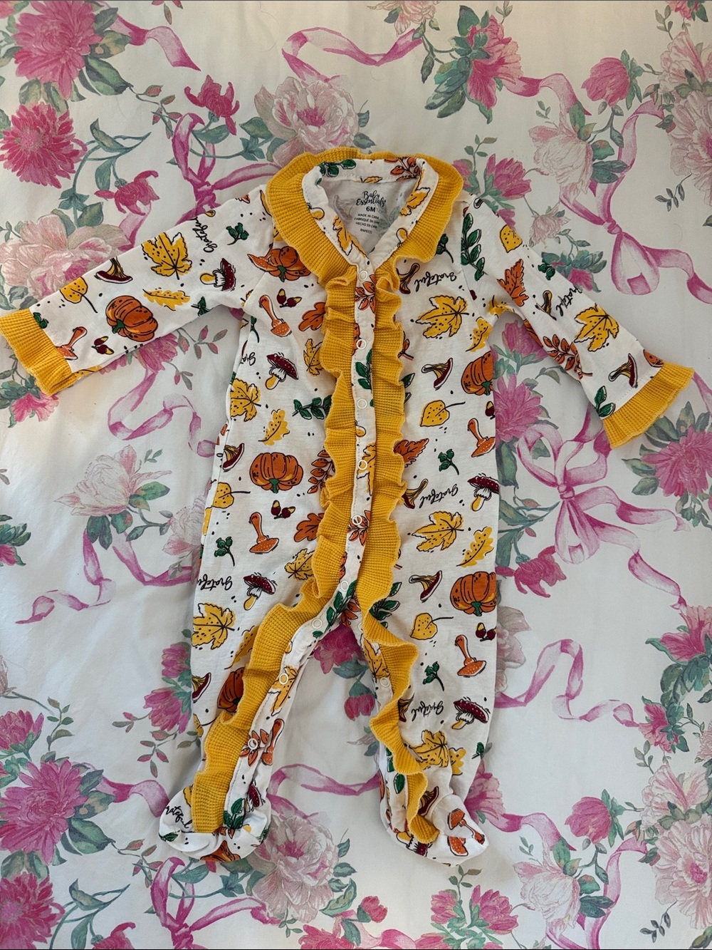 Baby Ruffle-Trim Fall 🍂 Print One-Piece - Yellow Accent